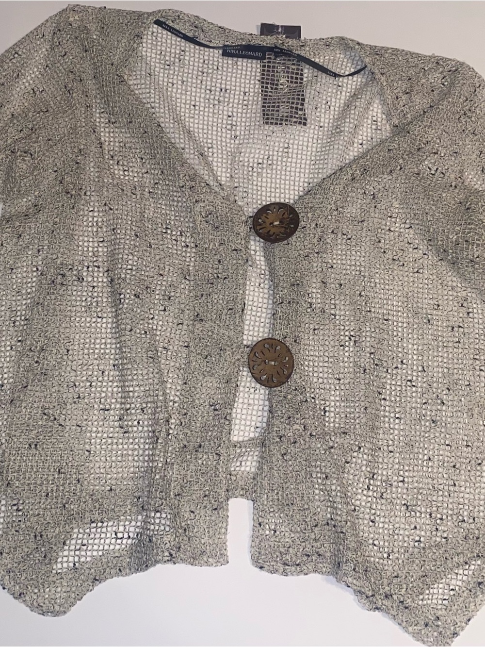 Nina Leonard Open-Weave Shrug in Gray with Wood-Tone Buttons 1X